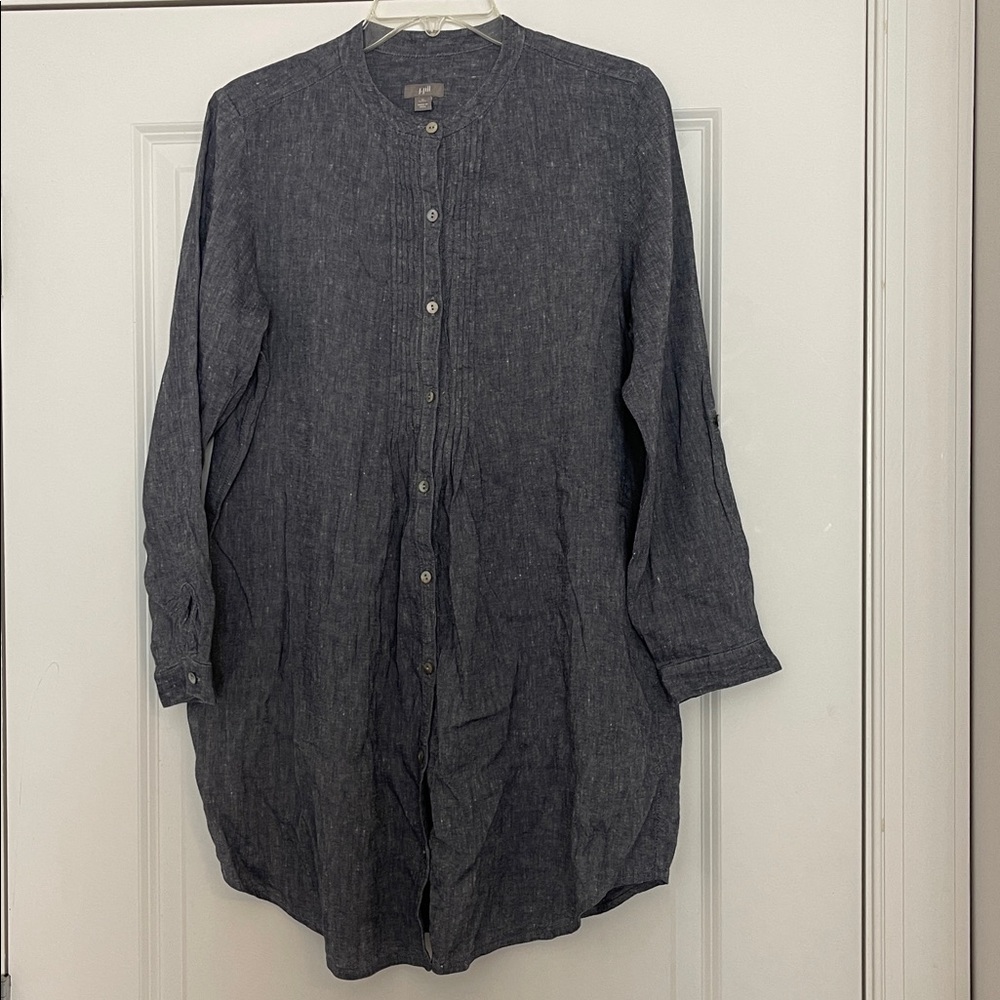 J. Jill Linen Blend Pintuck Button Front Tunic Top Medium Petite